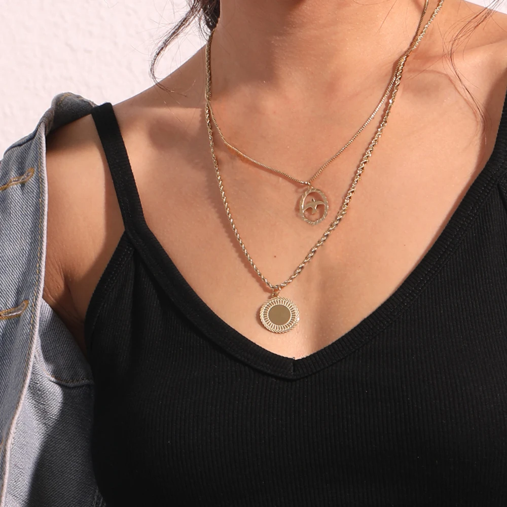 eManco Classic Pendant Necklace For Women Double layer Sun with Bird Stainless Steel Choker Necklaces Fashion Jewelry