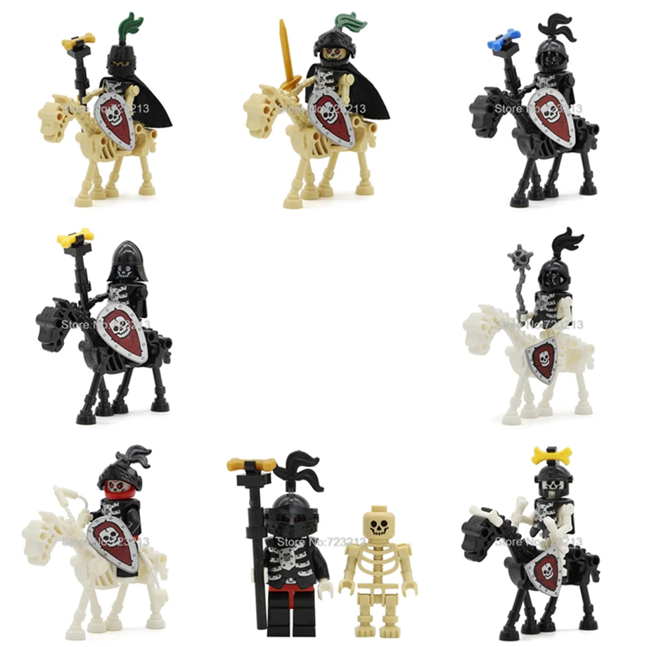 

8pcs/lot Medieval Skeleton Knight Cavalry Figure Set Horse Military Castle Knights Model Building Blocks kits Toys for Children