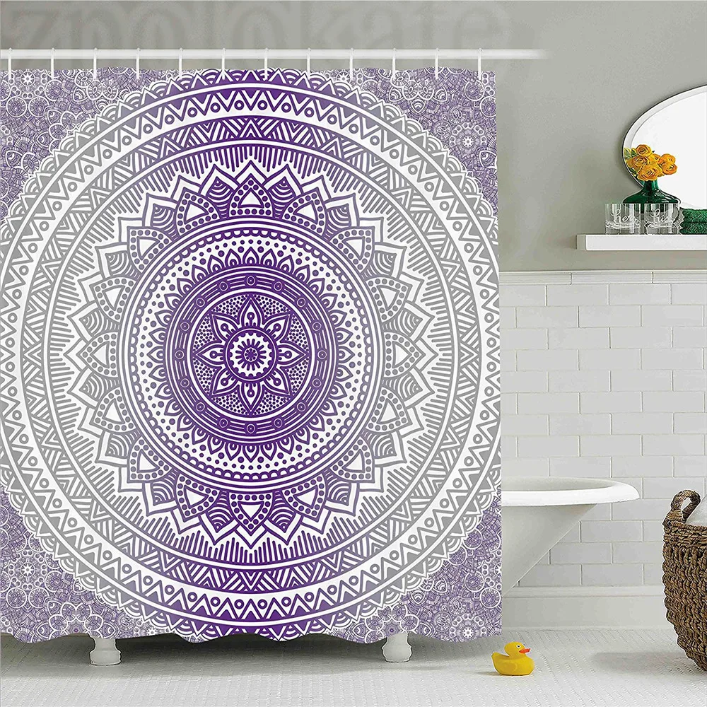 

Grey and Purple Shower Curtain Eastern Traditional of Cosmos Pattern Zen Boho Ombre Mandala Design Print Bathroom Decor Set with