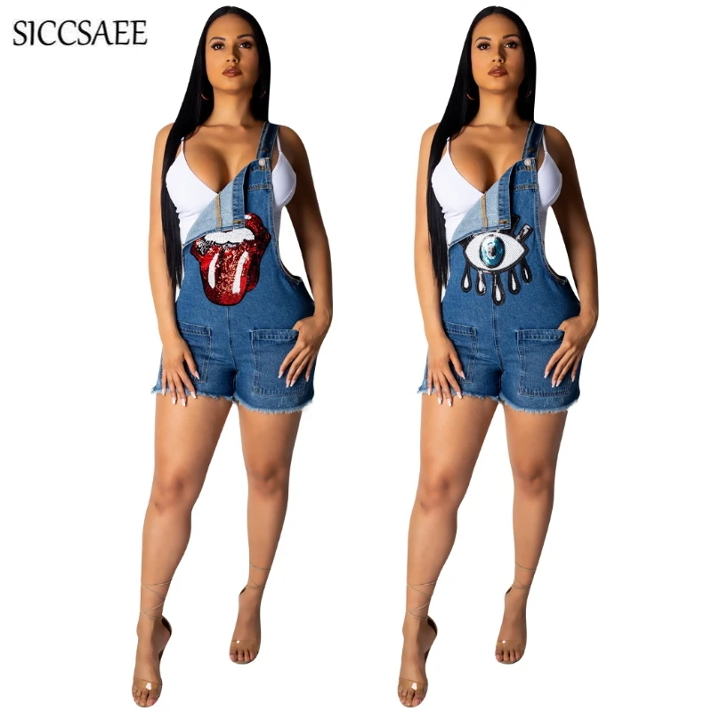 

Cartoon Sequins Blue Denim Bib Overalls For Women Elastic Rompers Womens Jumpsuit Sexy One Piece Shorts Jeans Casual Playsuits