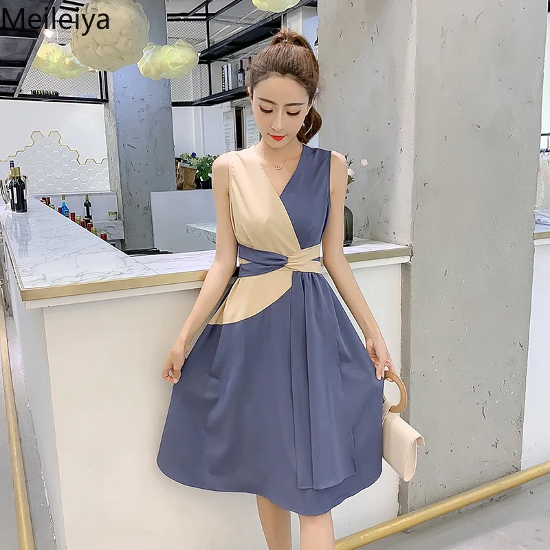 

Women's Irregular Color Matching Net Red Dress 2019 Summer New Color Matching Temperament Waist Slimming Wild Fashion Dress