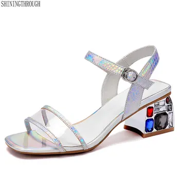 

Genuine Leather ladies Latin dance Sandals summer fashion silver 5.5 cm High Crystal square Heels woman shoes