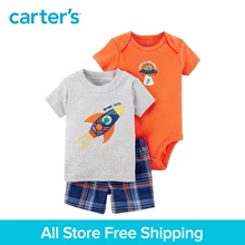 3pcs UFO slogan bodysuit top plaid shorts clothing sets Carter s baby Boy soft cotton Summer