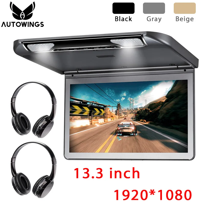 

1920*1080 Car Ceiling Overhead Flip Down Monitor 13.3" MP5 Video Player Built-in Speaker FM HDMI SD All Format 2 IR Headphones