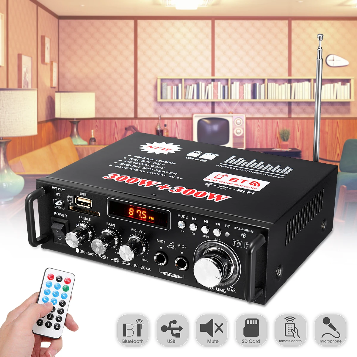 

600W 2 Channel HIFI Audio Amplifier bluetooth Stereo Power Amplifiers 12V/ 220V Car Home Theater Amplifiers Music Player