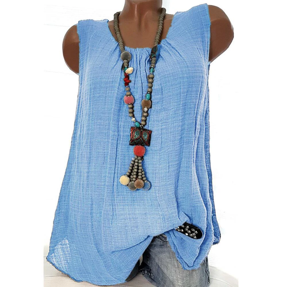 

Plus Size Vintage Linen Cotton Baggy Blouse Shirts Women Tops Summer O Neck Sleeveless Ladies Loose Blusas 7 colors S-5XL