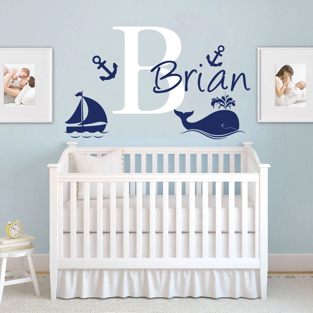 Custom Name Whale Sail Boat Anchor Wall Decal Nursery Kids Room Personalized Marine Sea Fish Wall Sticker Bedroom Vinyl Decor (3)