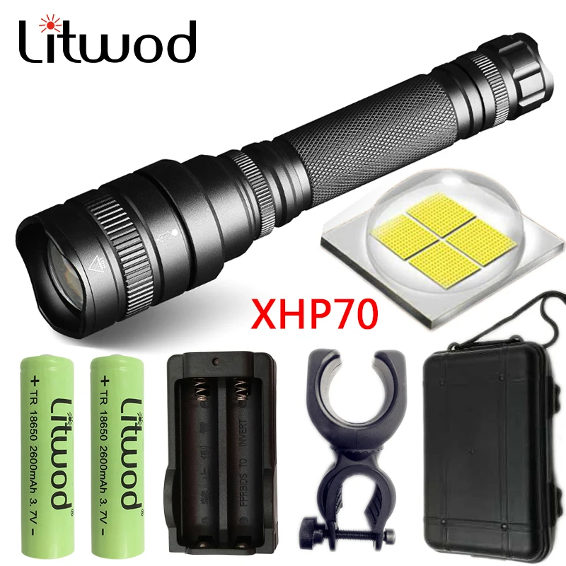 

Litwod Z201515 CREE XHP70 chip powerful LED Tactical flashlight torch 32W 3200lm 2 PCS 18650 Battery 5200mAh zoom Lantern