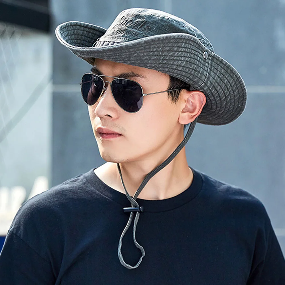 wide brim hat with chin strap