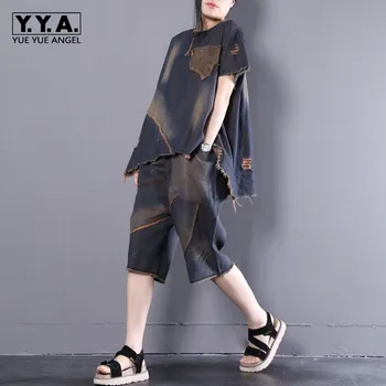 

Summer Loose Womens Denim Two Piece Outfits Short Sleeve Asymmetrical O-Neck Pullover Top Tees Elastic Waist Knee Length Shorts