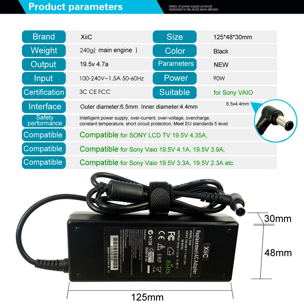 XiiC 19,5 V 4.7A AC зарядное устройство для ноутбука адаптер для sony VAIO PCG VGP VGN VGA VPC lcd tv Series 90 Вт 6,5*4,4 мм с кабелем питания