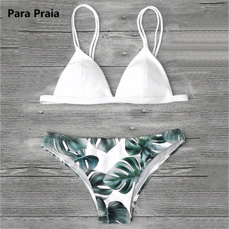 2018 Sexy Brazilian Bikini Set Swimwear White Women Swimsuit Bathing Suit Cami Palm Leaf Print Biquini Swim Suit Maillot De Bain