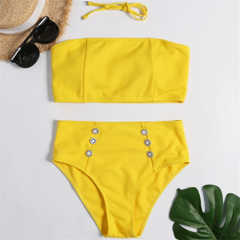 

Ribbed Fabric New High waisted Hand Button Bikini Set Show slim Bandeau Basic Swimwear Women Lady Maillet De bain 2019/Drop