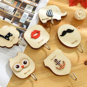 

6pcs Creative cute cartoon wooden wall hooks Self Adhesive Seamless Door Sticky Hanger key holder organizer home decor