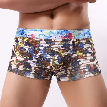 

Sexy Men Underwear Mesh Boxer Shorts Fashion Printed Panties Man Low Waist U Convex Pouch Underpants Cueca calzoncillo M-XXL