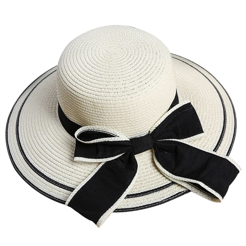 Модные женские туфли с бантом для девочек Roll-up Широкий отделка группа летнее солнце соломенная шляпа пляж Кепки(кремово-белый