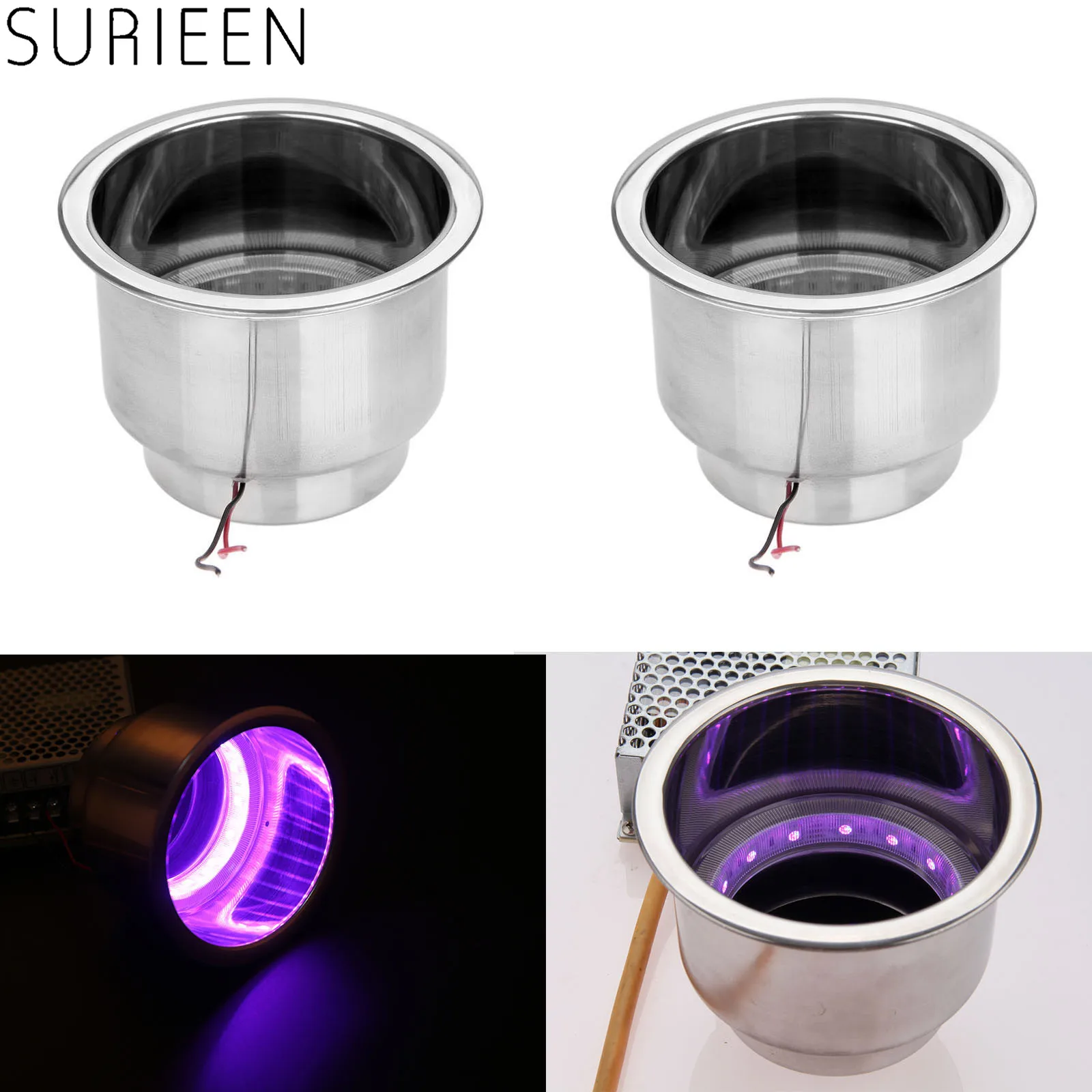 2x White 8 LED Light Stainless Steel Cup Drink Holder Marine Boat Car Camper