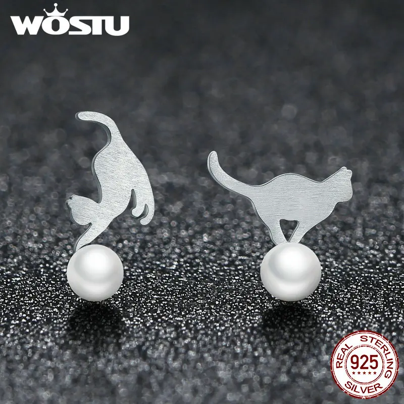 

WOSTU Authentic 925 Sterling Silver Freshwater Pearl Ball Cute Naughty Kitty Cat Stud Earrings Women Valentine Day Gift BKE235