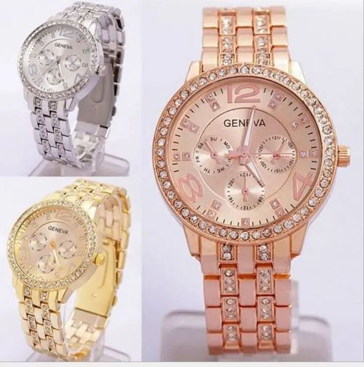 

Men Geneva Watch Women Rhinestone Watches Casual Analog Quartz Clock Hours Ladies Dress Rose gold Wristwatches