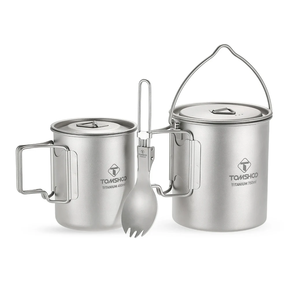 

TOMSHOO 3 Pcs Set Titanium 750ml Pot 450ml Water Cup Mug with Lid Collapsible Handle Folding Spork Lightweight Camping Picnic