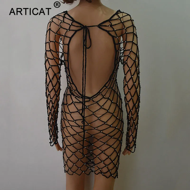 Articat Sexy Hollow Out Summer Dress Women Black Beads Crochet Backless See Through Mini Dress Casual Party Beach Dress Vestidos