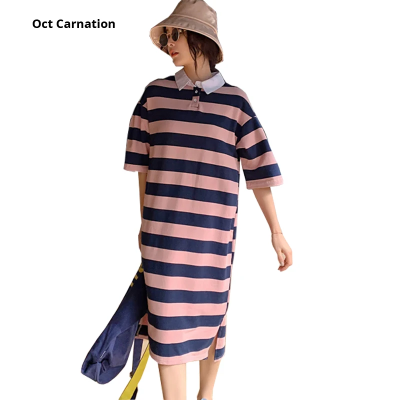 

Wide Stripes Of Blue And Pink Long Dress Turn-down Collar Short Sleeve Plus Size Maternity Dress