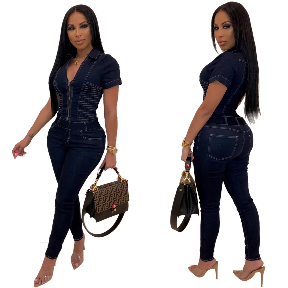 

JIZHENGHOUSE Women Casual Jumpsuits Jeans Pants Long Pants Ladies Sexy Jeans Long Sexy Short Sleeves Blue Slim Style Romper