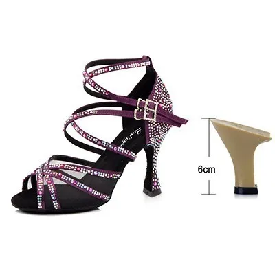 Purple 6cm Ladingwu/Женская обувь для танцев; фиолетовые атласные стразы; обувь для латинских танцев; женская обувь для сальсы; Обувь для бальных танцев - Цвет: Purple 6cm
