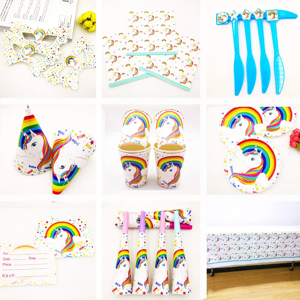 

Unicorn Party Supplies Party Cup Plate Banner Hat Straw Loot Bag Fork knive horn Kids Rainbow Balloons Unicorn Party Supplies