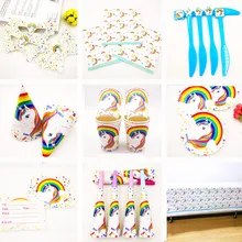 hot! Unicorn Kid Birthday Party Cup Plate Banner Hat Straw Loot Bag Fork knive horn Kids Rainbow Balloons Unicorn Party Supplies