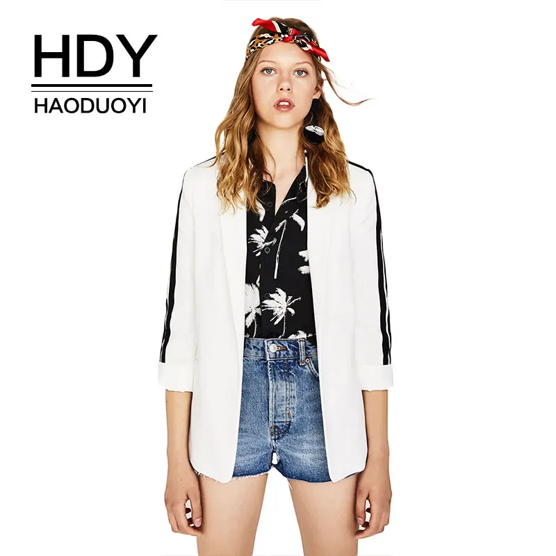 

HDY Haoduoyi Office Lady Autumn Side Collision Color Barge Collar Suit White Black Solid Turn-down Open Stich Wide-waisted Coat