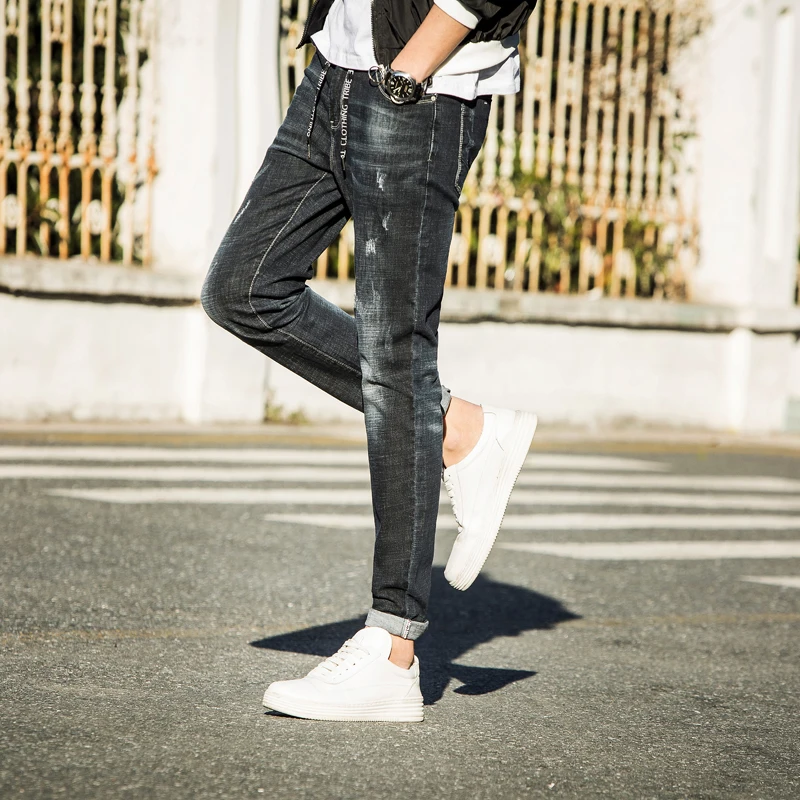 2018 Новинка весны модные обтягивающие джинсы Для мужчин полной длины джинсовые штаны поцарапанные мода Slim Fit Карандаш Брюки Черный 8009