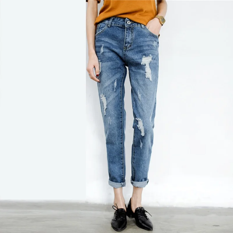 

Hot sale Women's ripped jeans Fashion boyfriend jeans for woman Loose hole denim pants Free shipping Y0927-69F