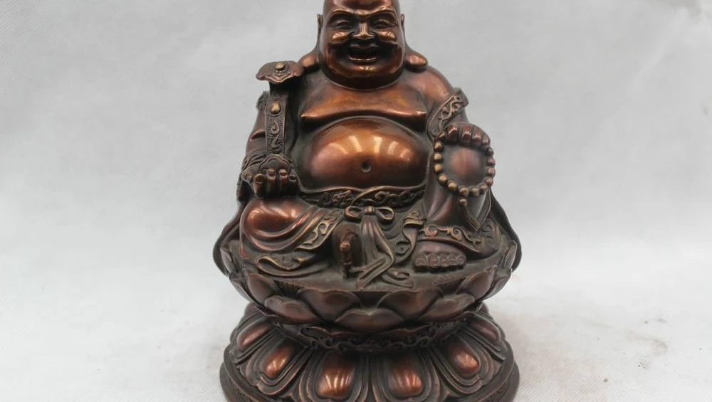 

8"China Buddhism Brass Yuanbao Dragon Happy Laugh Ru Yi Maitreya Buddha Statue