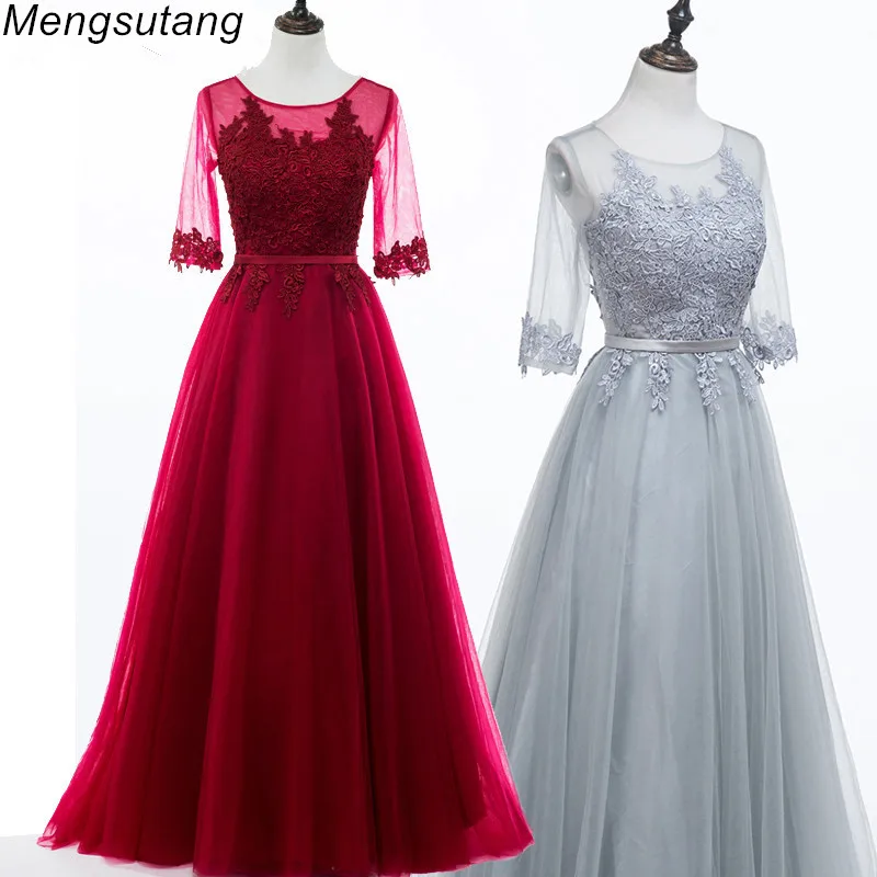 Robe de soiree 2020 Scoop Neck Half Sleeve Transparent Lace Embroidery A line