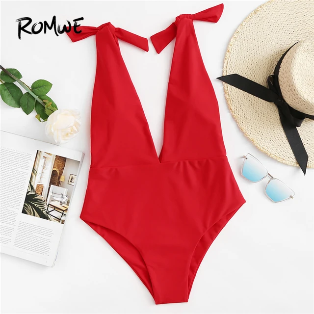Romwe спортивный сексуальный глубокий v-образный вырез с бантом на плече, Цельный купальник, женский летний купальный костюм, пляж бассейн, спл...