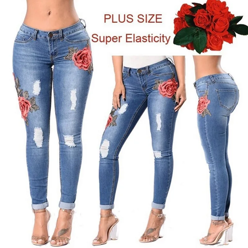

Women Ripped Jean Pants Flower Embroidered High Waist Slim Fit Denim Pencil Trousers XIN-Shipping