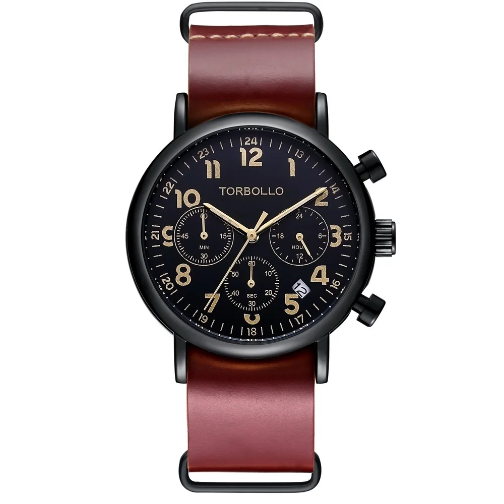 Classical Genuine Leather Quartz Chronograph Watch Multifunction Men Wrist Watch Black Clock