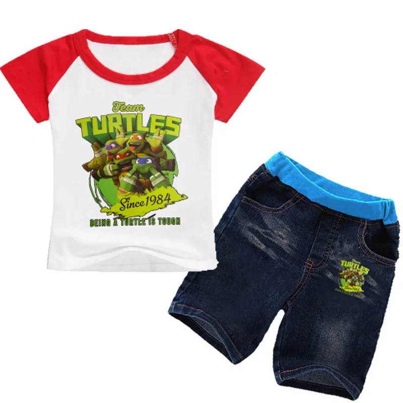 

2019Summer New Teenage Mutant Ninja Turtle Print Short Sleeve T-Shirt +Denim Shorts Suit Kids Clothing Toddler Boy Clothes