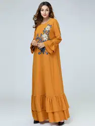 Новые женские мусульманские платья abaya кимоно Турция Дубай двойной рюшами вышивка кафтан Турецкая мусульманская одежда