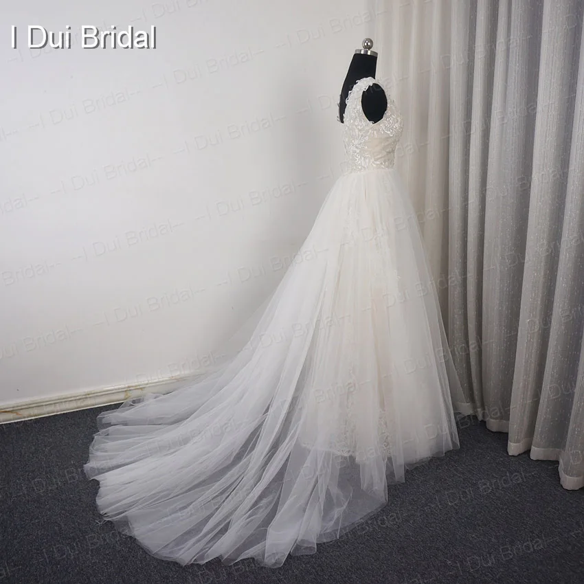 Свадебное платье со съемной юбкой для танцев, свадебное платье трапециевидной формы с кружевной аппликацией и v-образным вырезом, два предмета, свадебное платье