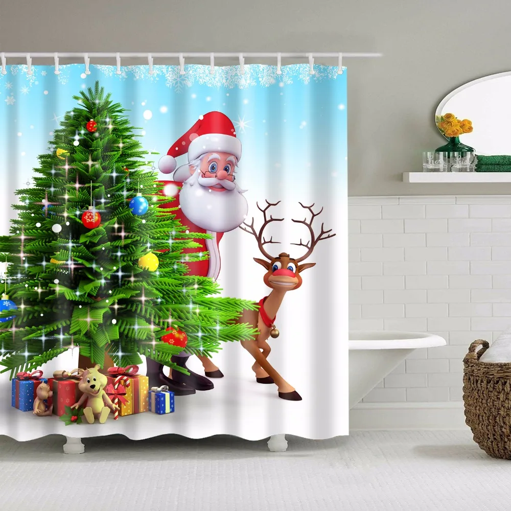 Декоративная занавеска для душа с рождественским Санта-Клаусом, рождественской елкой, оленем, Подарочная занавеска для ванной комнаты с крючками, год