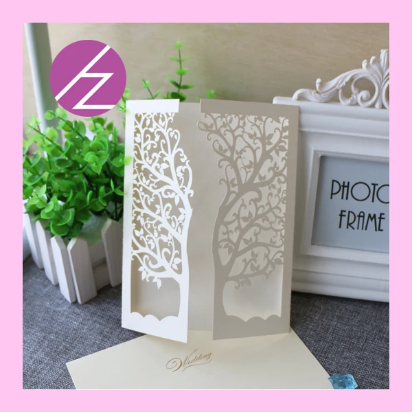 

12pcs/lot free shipping wedding party decoration shimmer paper laser cut live tree wedding invitation card QJ-26