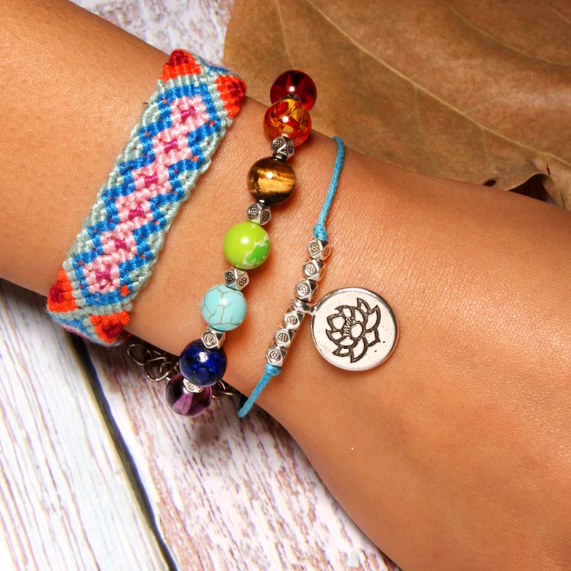 

MOON GIRL 7 Chakra Boho Bracelet Set Natural Stone Yoga Lotus Bohemian Weave Chic Friendship Pulseras Femme Gift Dropshipping