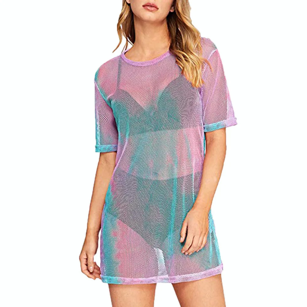 

2019 Spring New Style Women's Beach Cover Ups Short Sleeve See Through Sheer Mesh T Shirt Dress Sexy Beach Holiday Slip Dress