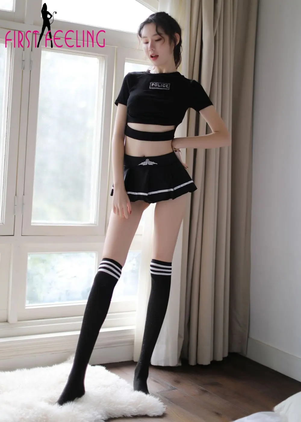 

New Women Erotic Black Color Cheerleading Uniform Mini Short Tops with Low Waist Skirt Stocking Lingerie Sexy Student Cosplay