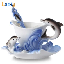 Farbige Emaille Kaffeetasse Porzellan Kreative Dolphins Europäischen Stil Tassen, eine tasse kaffee + disc + scoop für geburtstagsgeschenk