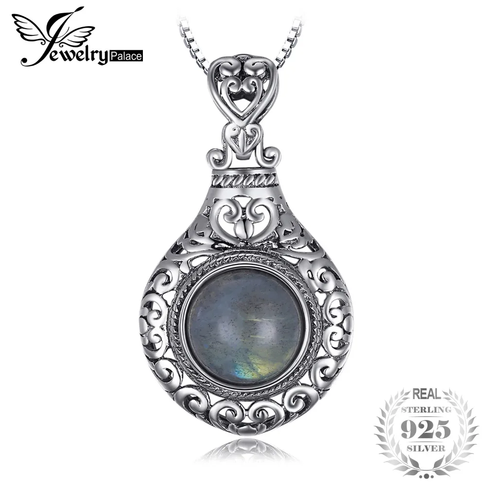 

JewelryPalace Vintage 2.6ct Genuine Labradorite Carved Necklaces & Pendants For Women 925 Sterling Silver Box Chain Fine Jewelry
