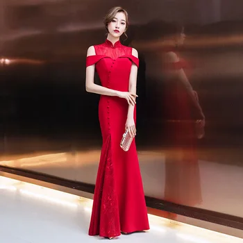 

Red Elegant Slim Ladies Mermaid Dress Chinese Vintage Mandarin Collar Bride Wedding Cheongsam Improved Lace Qipao Size XS-XXL