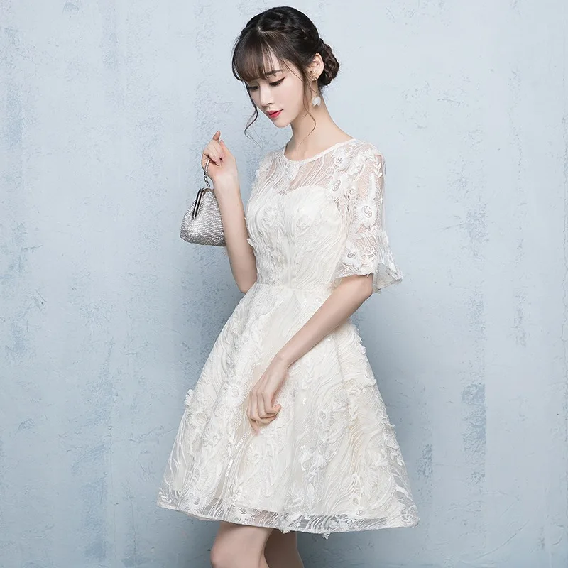 

Zipper Bridesmaid Dress Elegant O-neck Short Sleeve Party Ball Dresses Fashion Champagne Lace Knee-length Bridesmaid Gowns E082